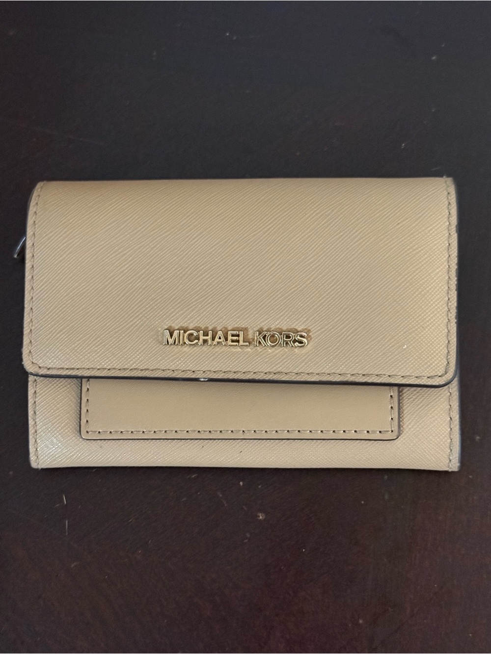 Michael Kors Tan Saffiano Leather Compact Wallet with Gold Logo